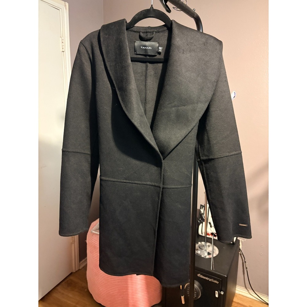 Elie Tahari Black Wool Hip Length Coat with Pockets and Tie Sz S Retail $350